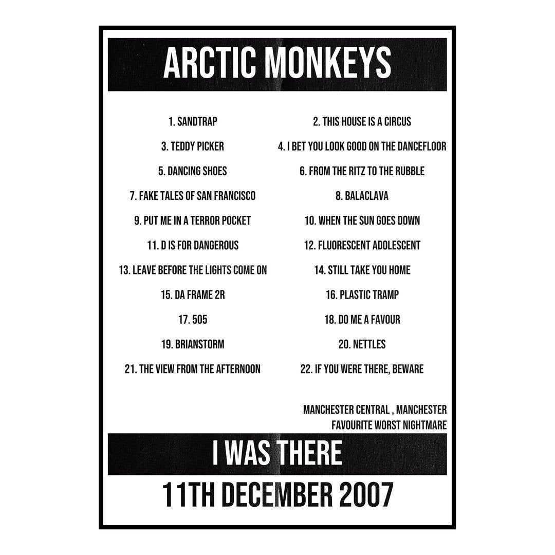 Arctic Monkeys Manchester 11th December 2007 Setlist poster