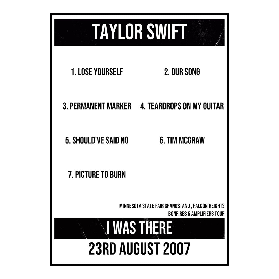 Taylor Swift Falcon Heights 23rd August 2007 Setlist poster