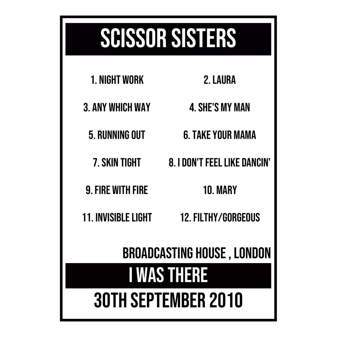 A Setlist Poster Featuring Scissor Sisters Gig from London in 2010