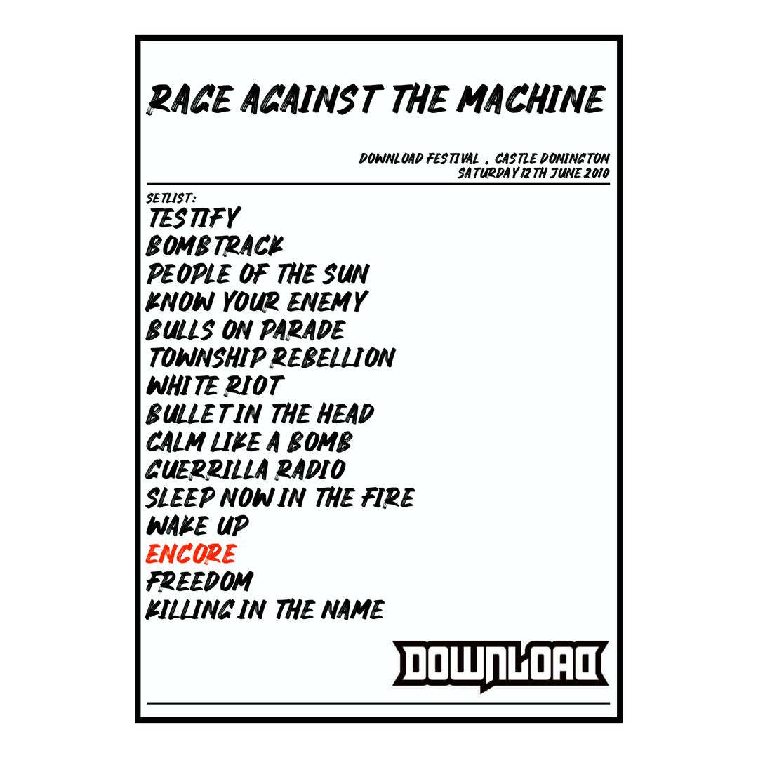 Rage Against the Machine Castle Donington 12th June 2010 Setlist poster