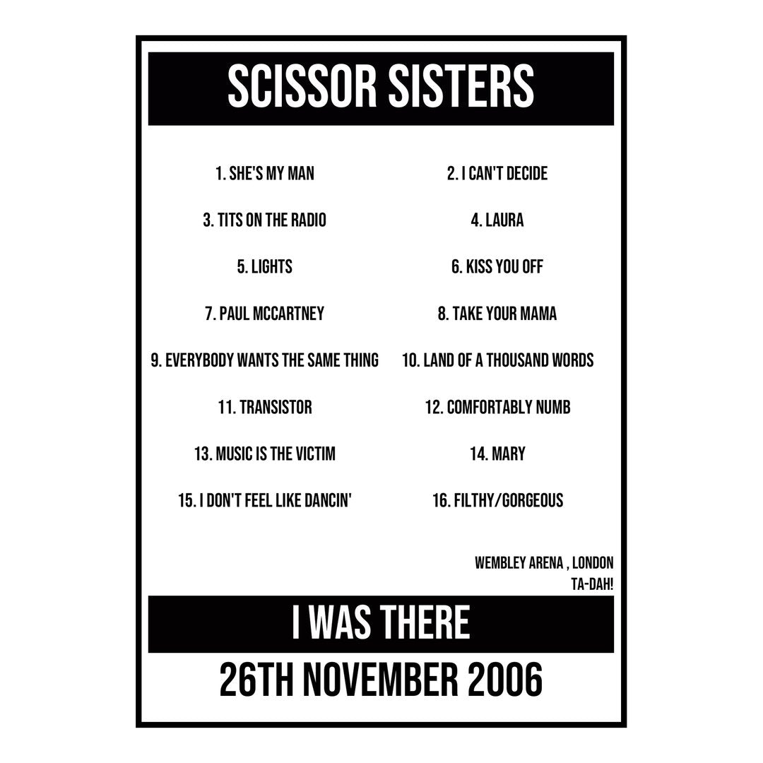 A Setlist Poster Featuring Scissor Sisters Gig from London in 2006