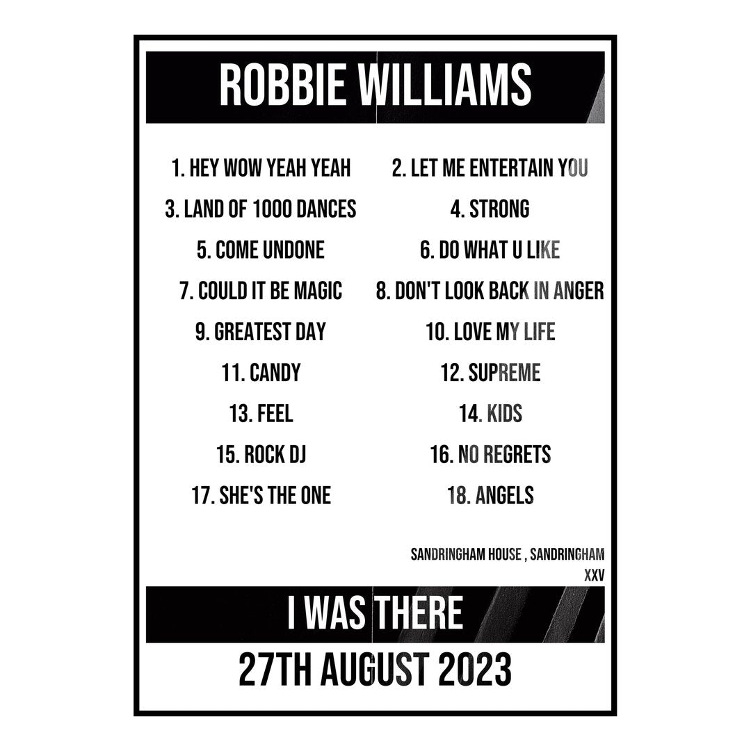 Robbie Williams Sandringham 27th August 2023 Setlist poster
