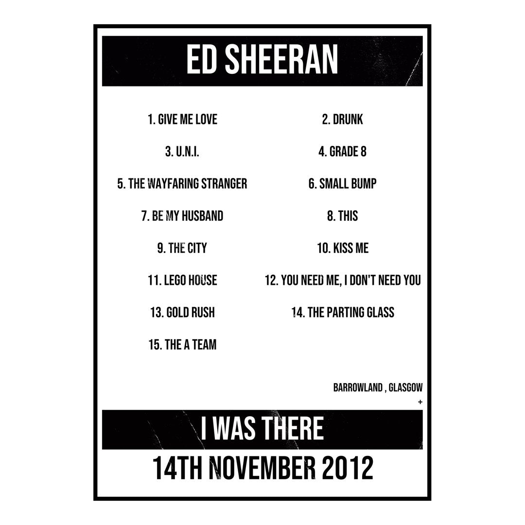 Ed Sheeran Glasgow 14th November 2012 Setlist poster