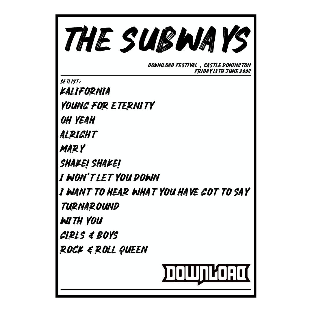 The Subways Castle Donington 13th June 2008 Setlist poster