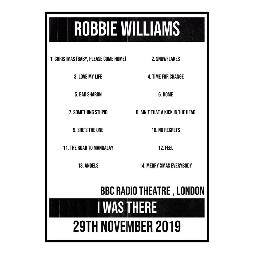 Robbie Williams London 29th November 2019 Setlist poster