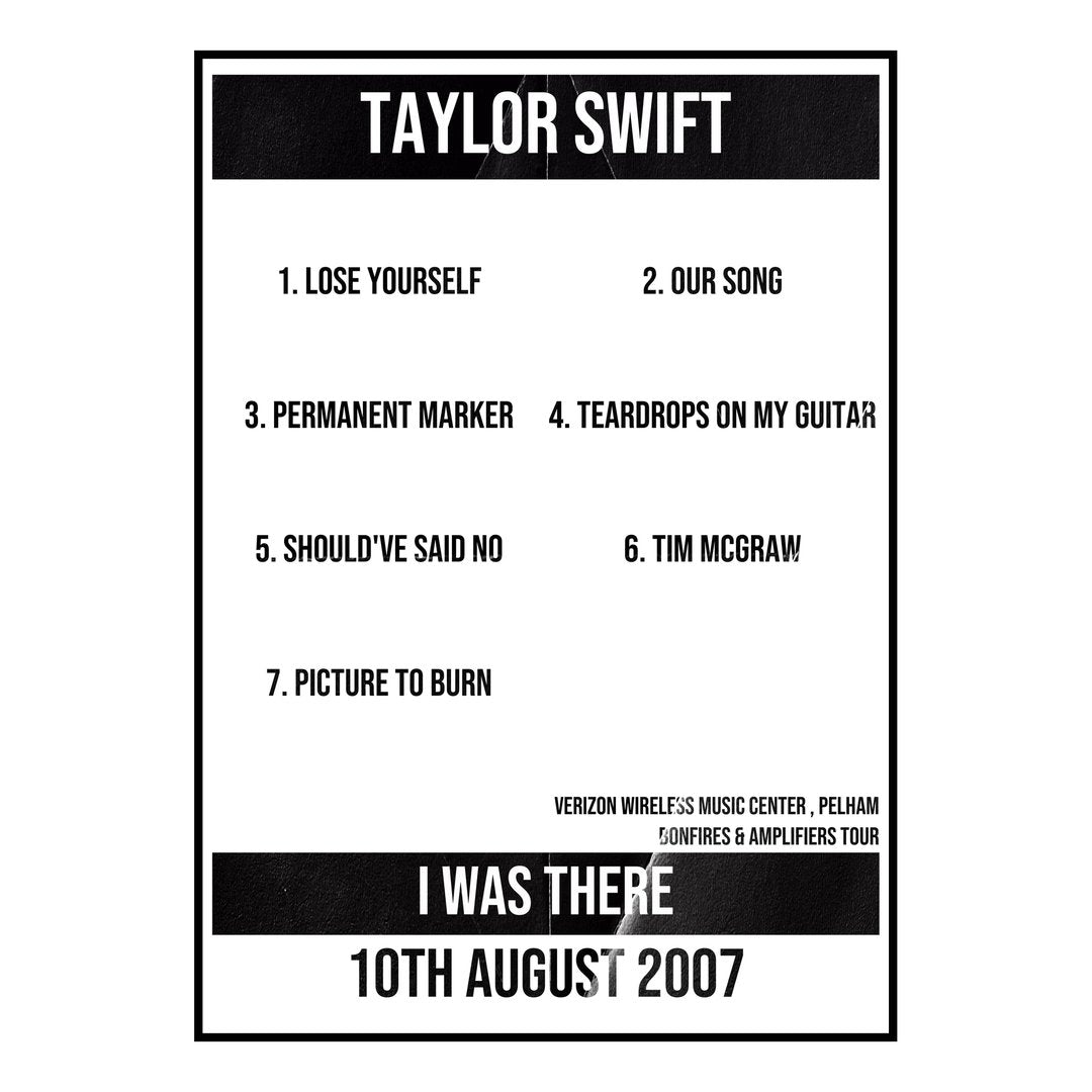 Taylor Swift Pelham 10th August 2007 Setlist poster