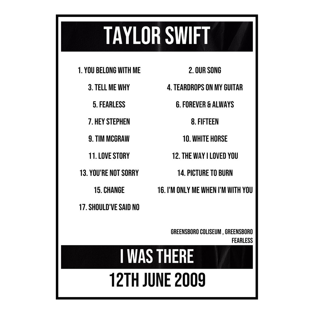 Taylor Swift Greensboro 12th June 2009 Setlist poster