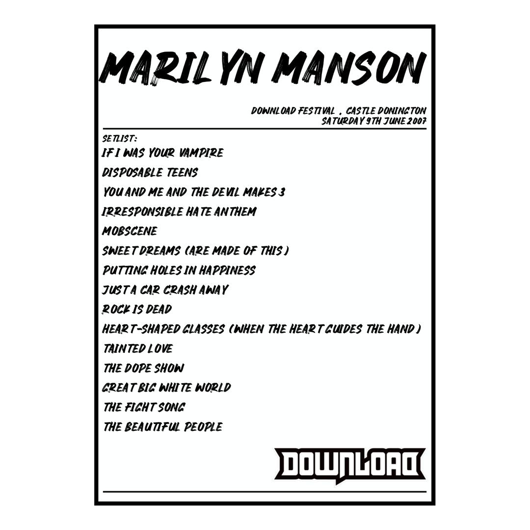 Marilyn Manson Castle Donington 9th June 2007 Setlist poster