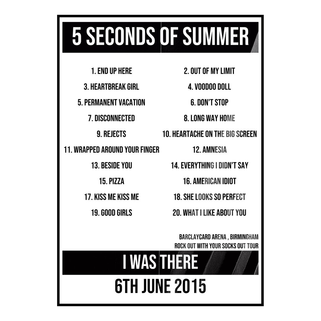 5 Seconds of Summer Birmingham 6th June 2015 Setlist poster