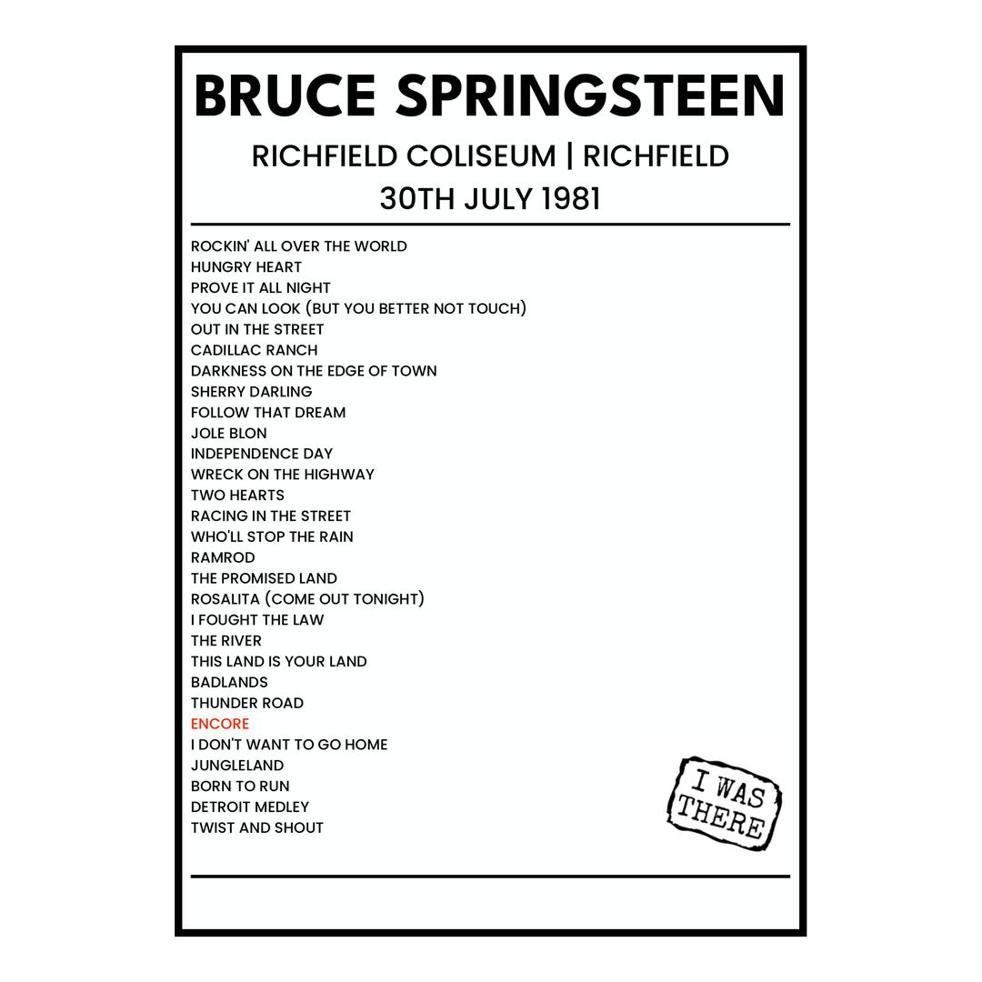 Bruce Springsteen Richfield 30th July 1981 Setlist poster