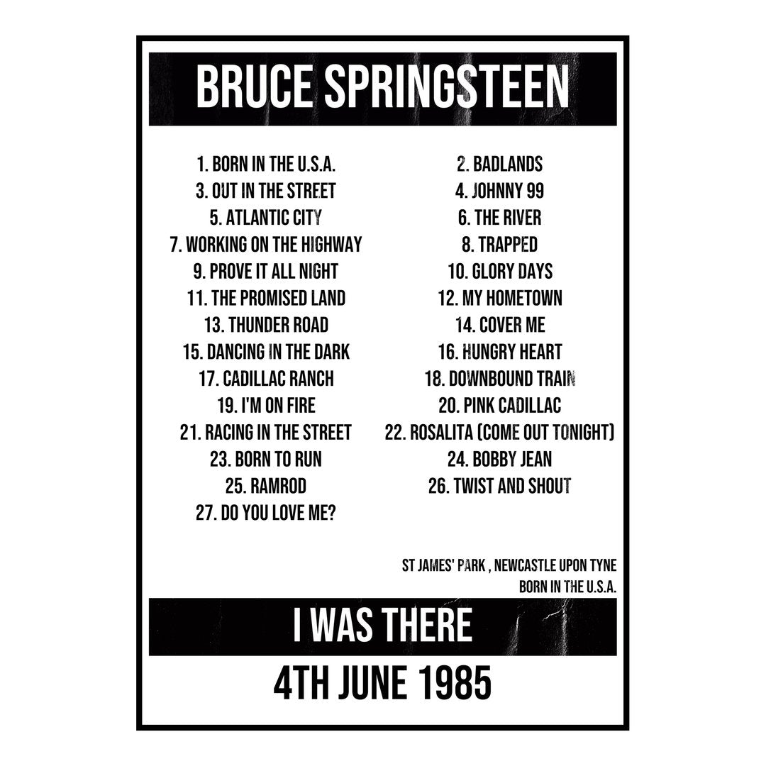 Bruce Springsteen Newcastle upon Tyne 4th June 1985 Setlist poster