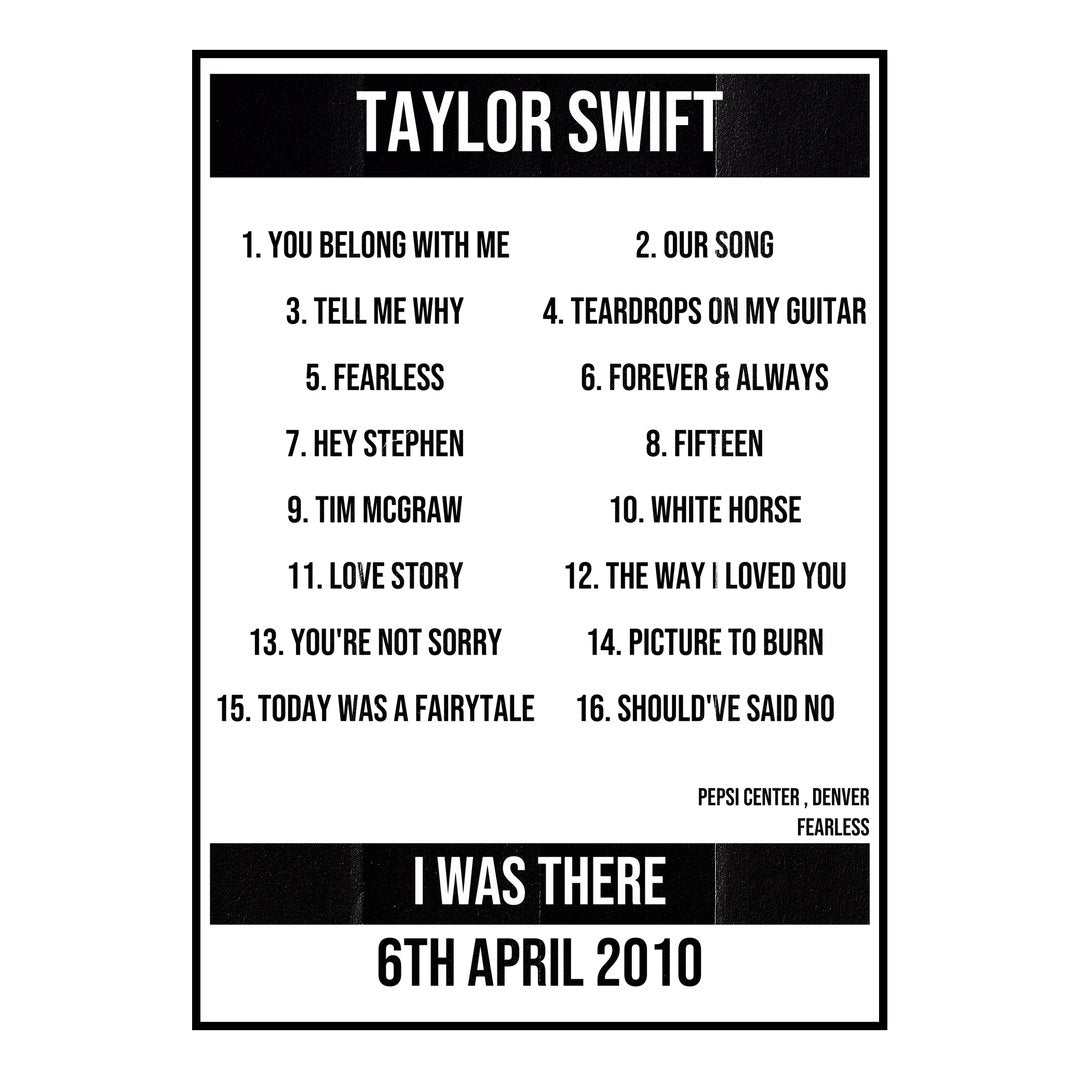 Taylor Swift Denver 6th April 2010 Setlist poster
