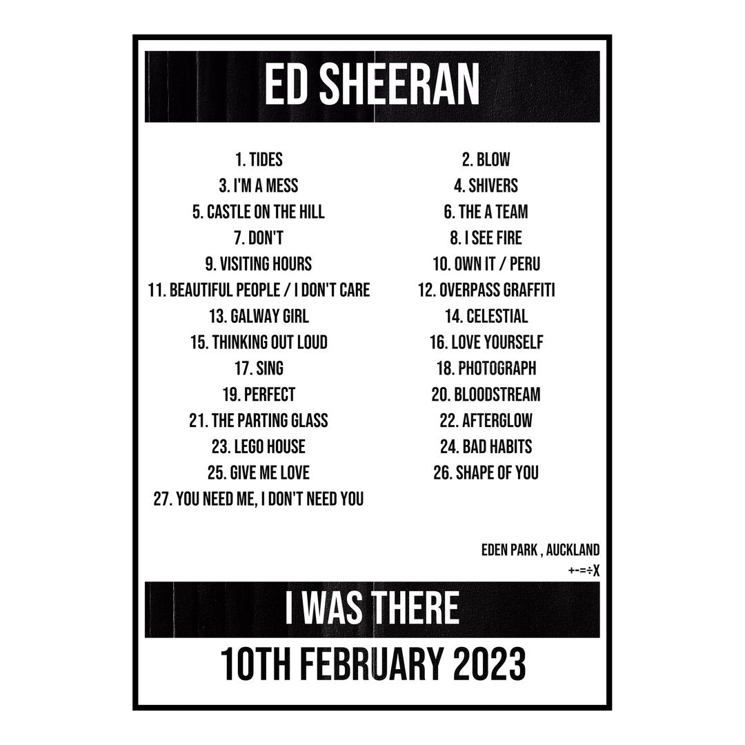 Ed Sheeran Auckland 10th February 2023 Setlist poster