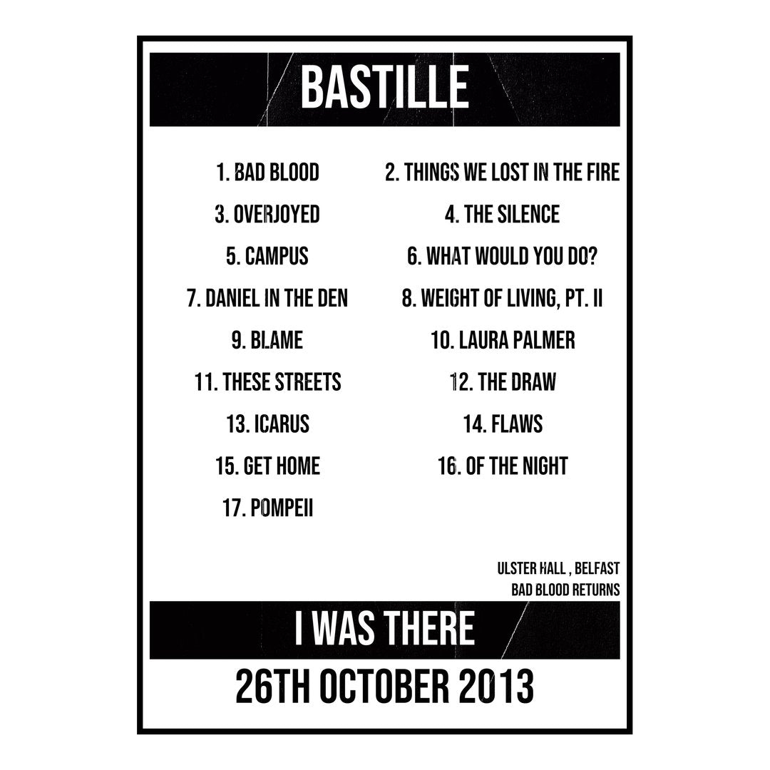 Bastille Belfast 26th October 2013 Setlist poster