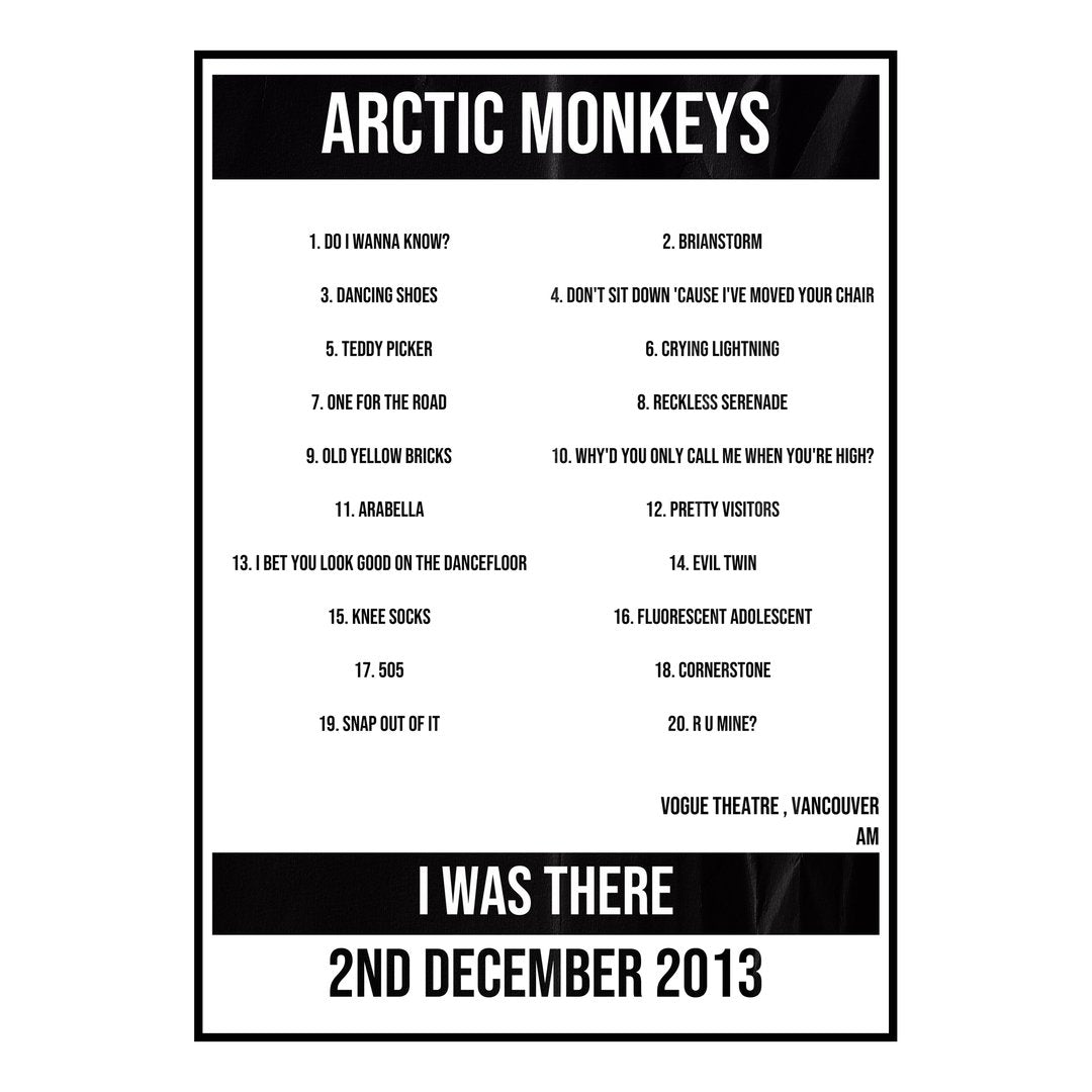 Arctic Monkeys Vancouver 2nd December 2013 Setlist poster