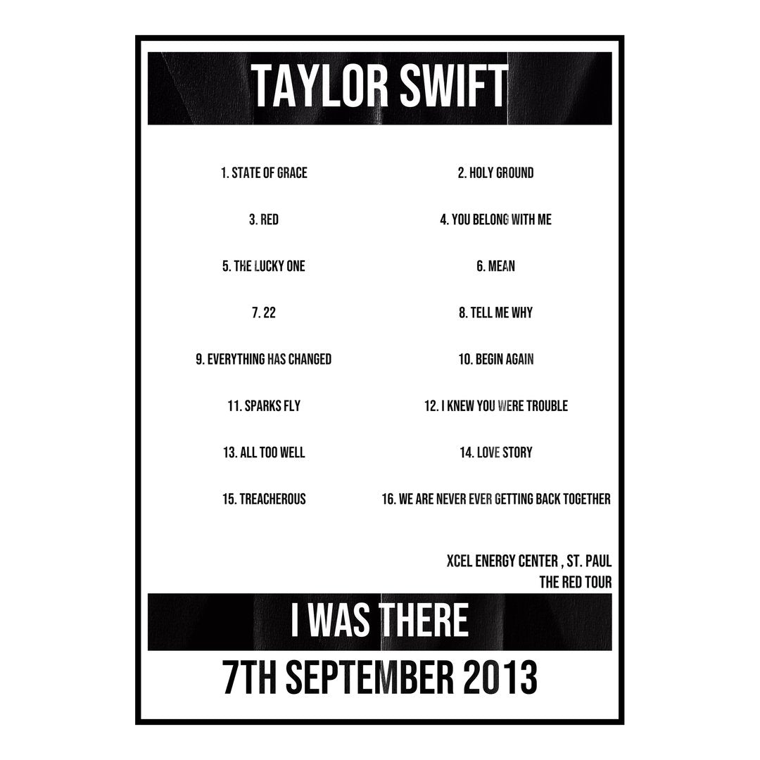 Taylor Swift St. Paul 7th September 2013 Setlist poster
