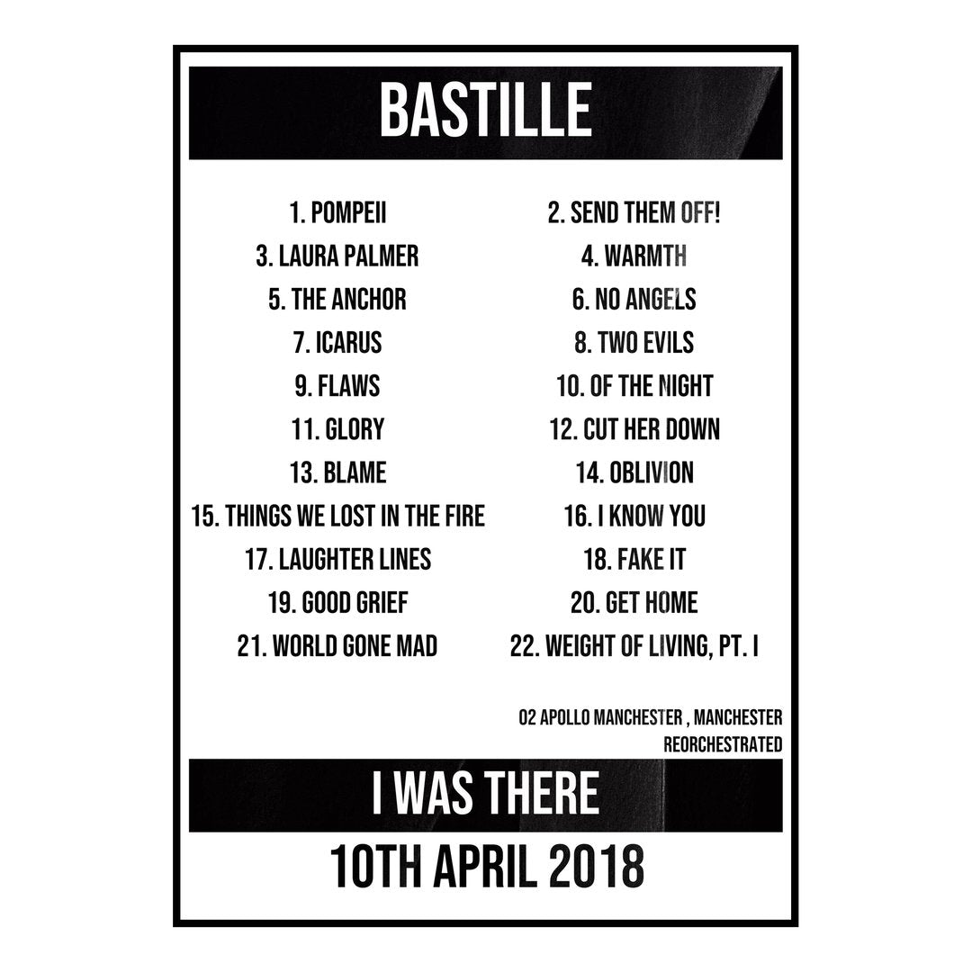 Bastille Manchester 10th April 2018 Setlist poster