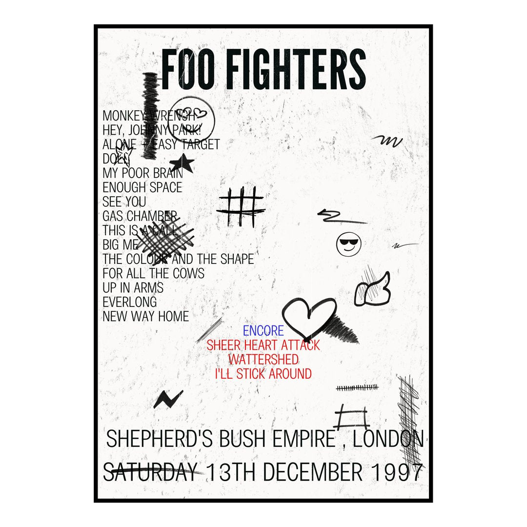 Foo Fighters London 13th December 1997 Setlist poster