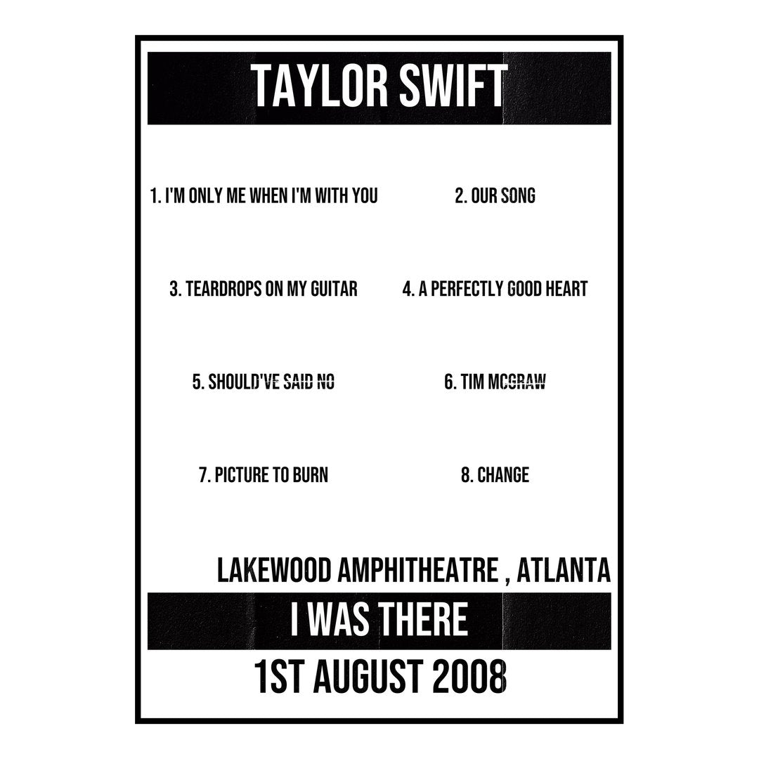 Taylor Swift Atlanta 1st August 2008 Setlist poster