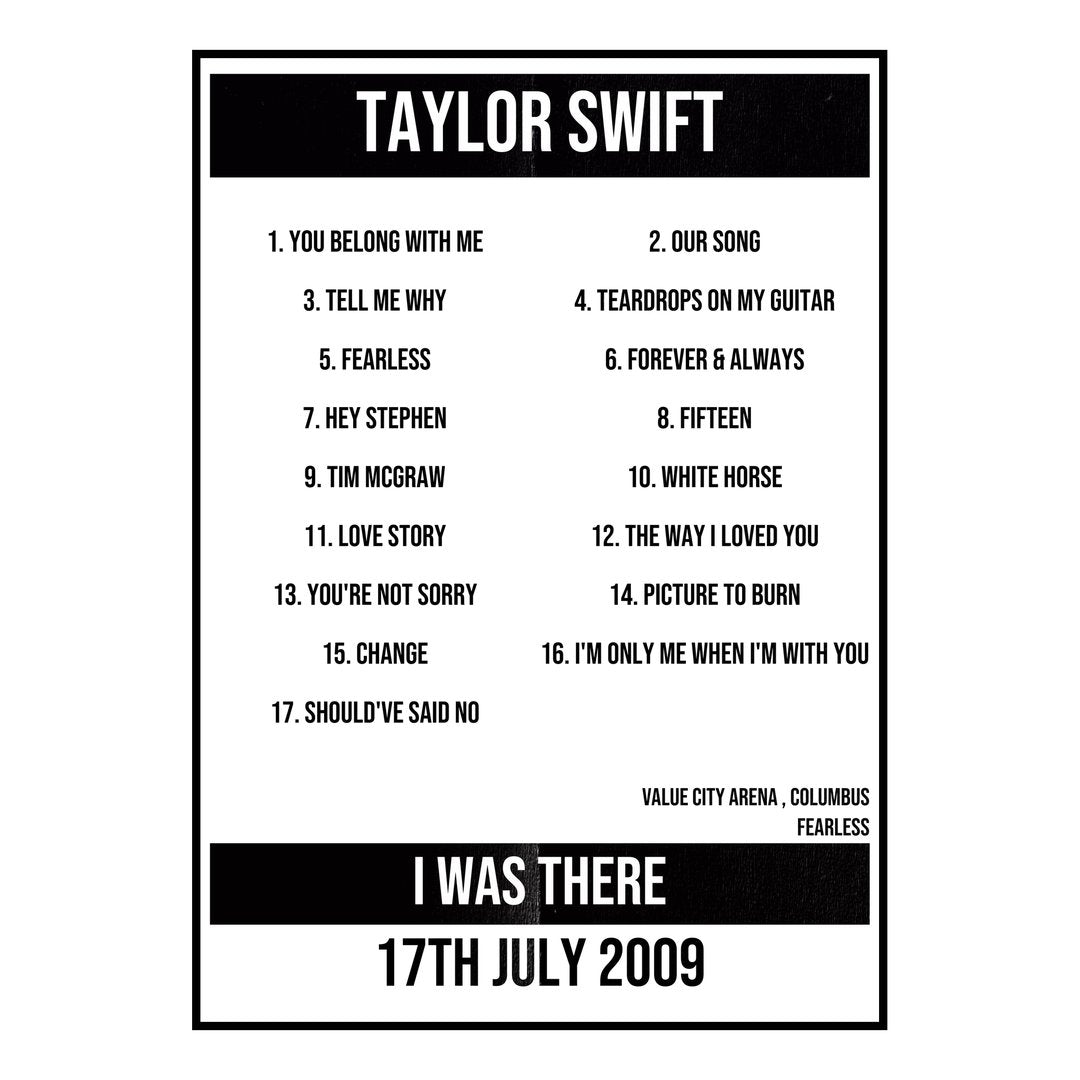 Taylor Swift Columbus 17th July 2009 Setlist poster