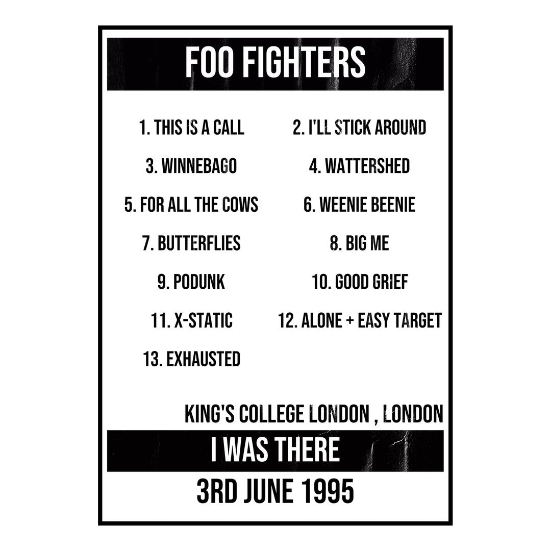 Foo Fighters London 3rd June 1995 Setlist poster