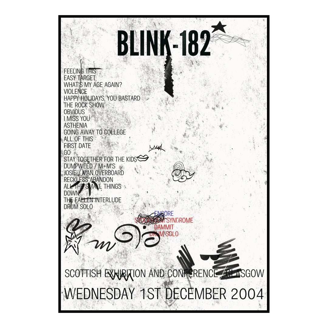blink‐182 Glasgow 1st December 2004 Setlist poster