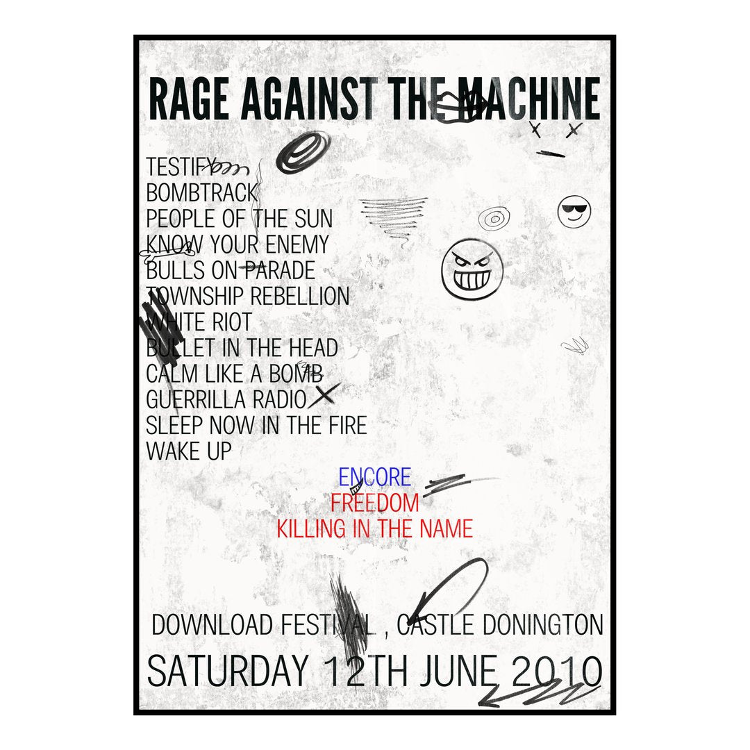 Rage Against the Machine Castle Donington 12th June 2010 Setlist poster