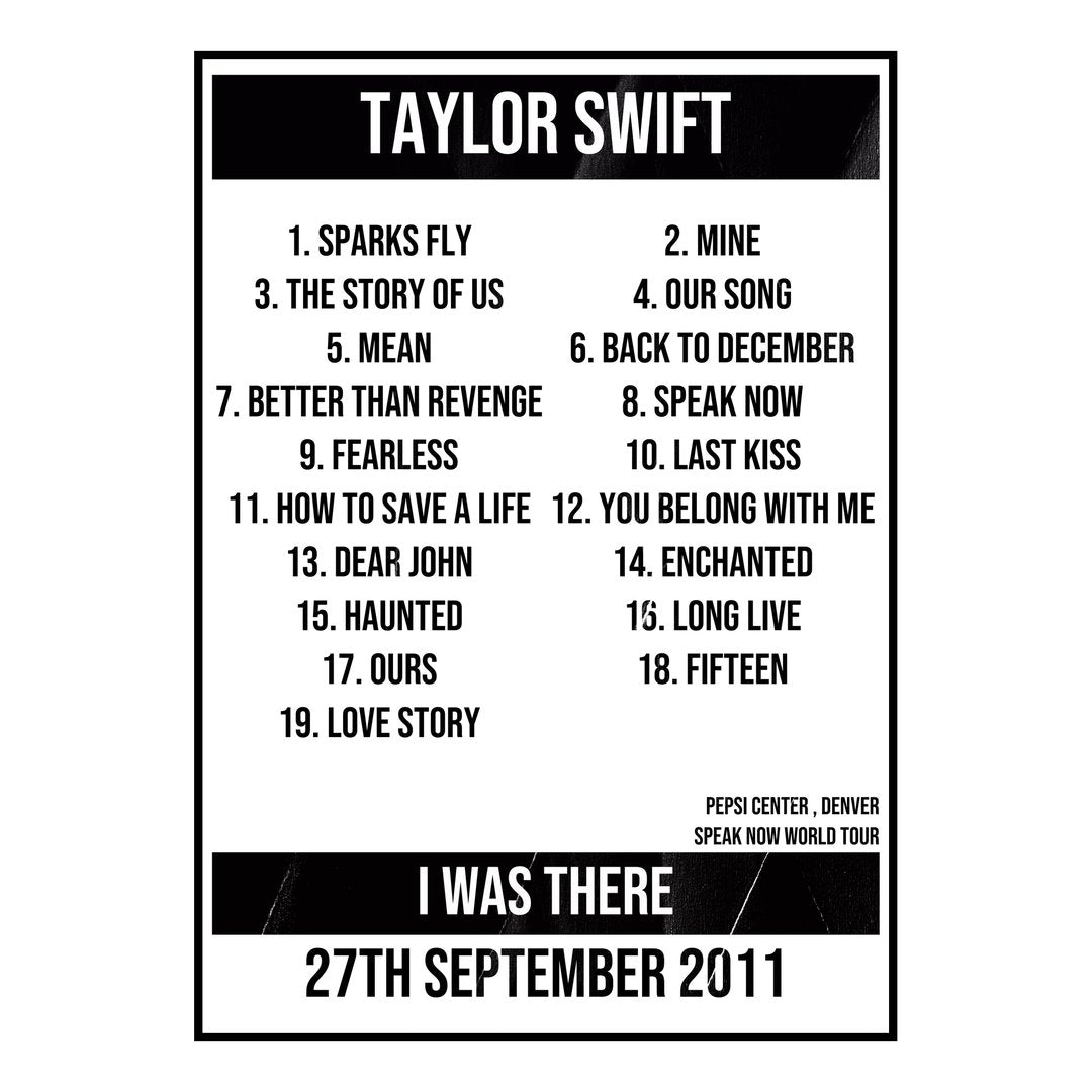 Taylor Swift Denver 27th September 2011 Setlist poster