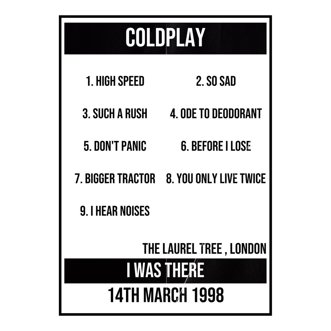 Coldplay London 14th March 1998 Setlist poster