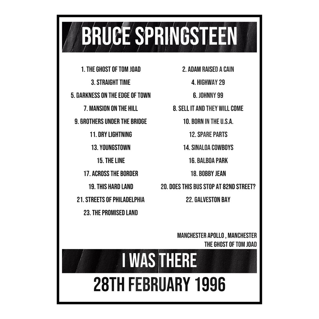Bruce Springsteen Manchester 28th February 1996 Setlist poster
