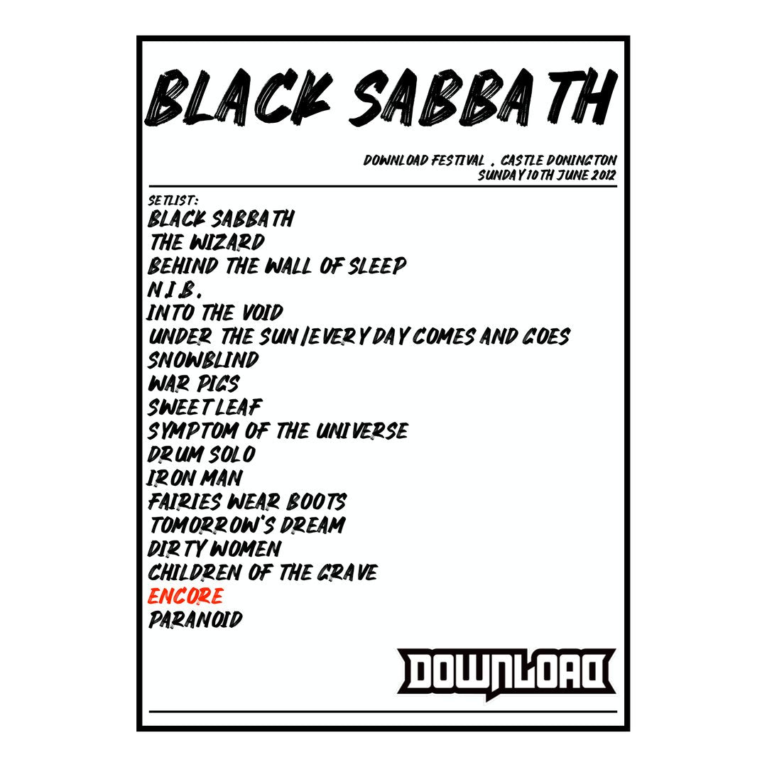 Black Sabbath Castle Donington 10th June 2012 Setlist poster