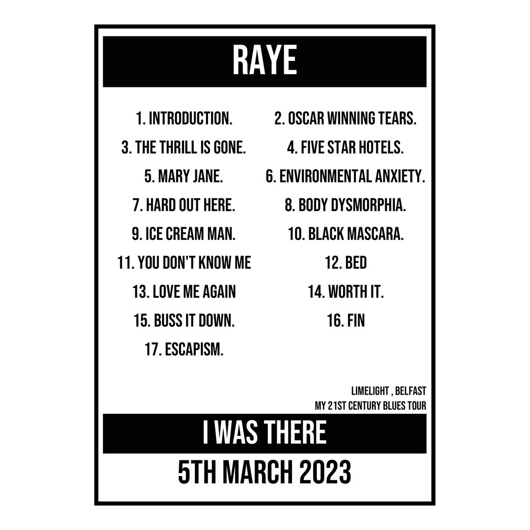 A Setlist Poster Featuring RAYE Gig from Belfast in 2023