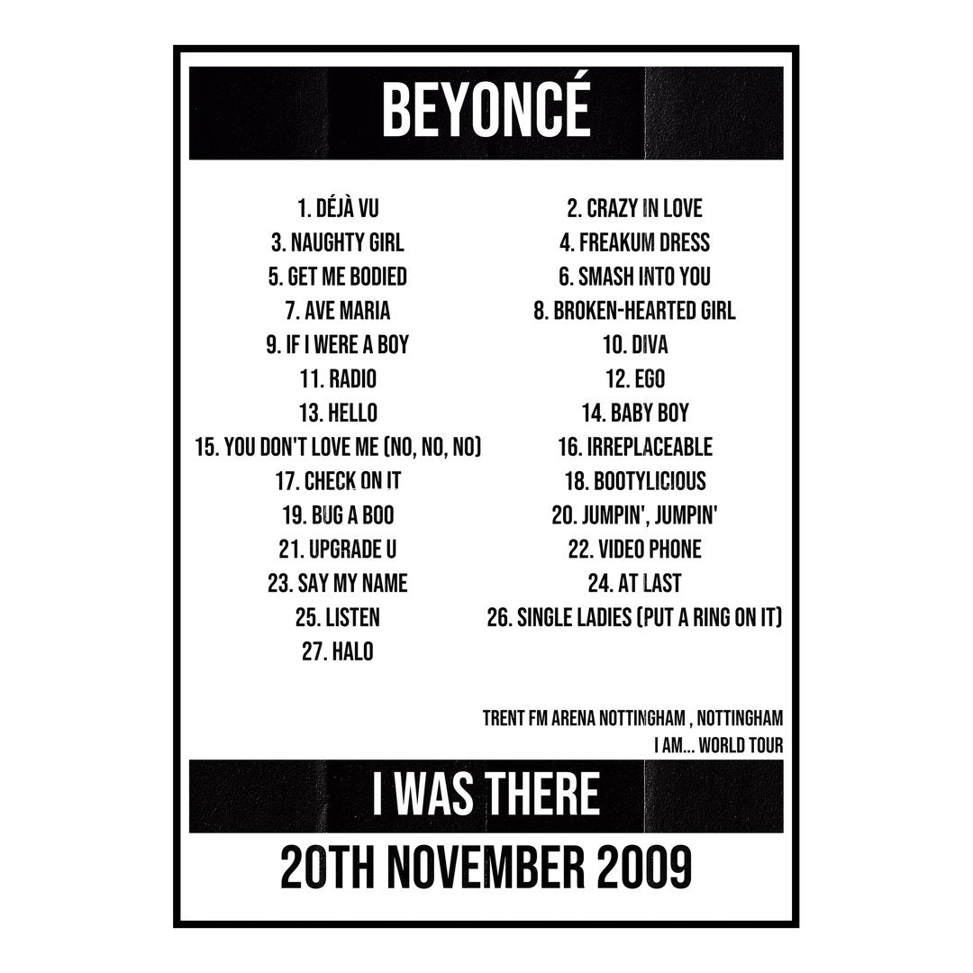 Beyoncé Nottingham 20th November 2009 Setlist poster