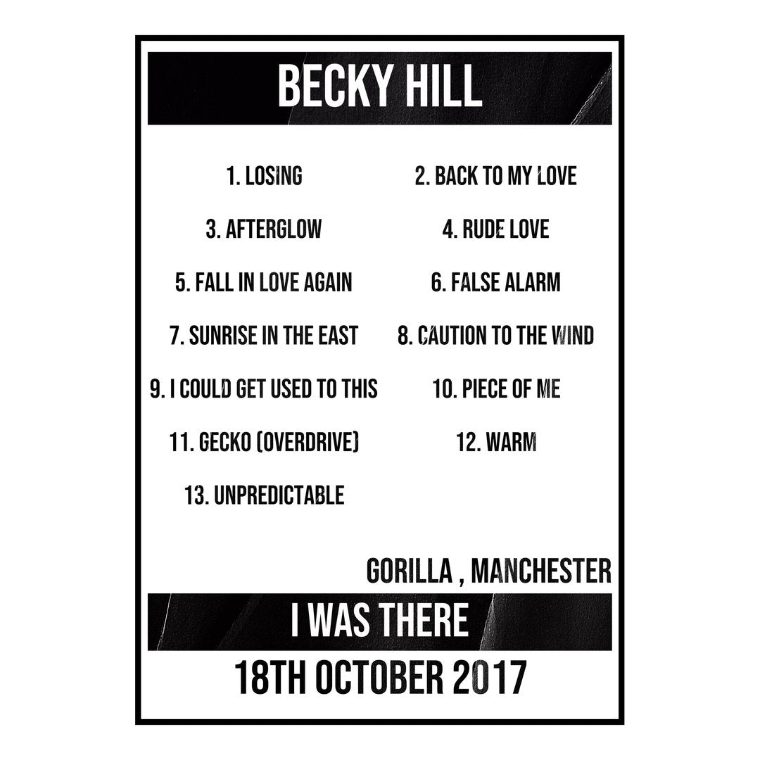 Becky Hill Manchester 18th October 2017 Setlist poster