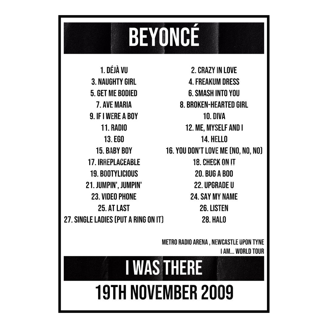 Beyoncé Newcastle upon Tyne 19th November 2009 Setlist poster
