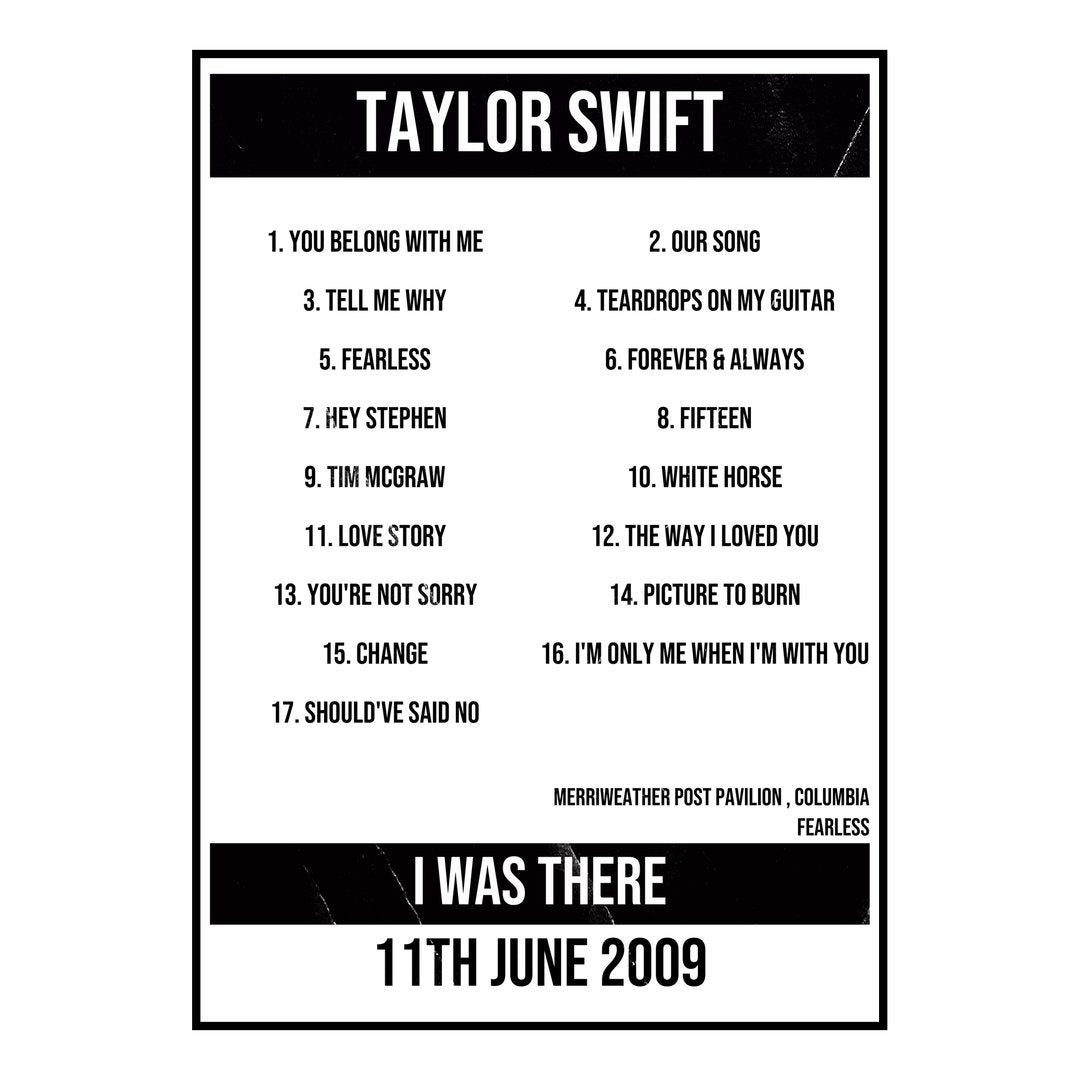 Taylor Swift Columbia 11th June 2009 Setlist poster