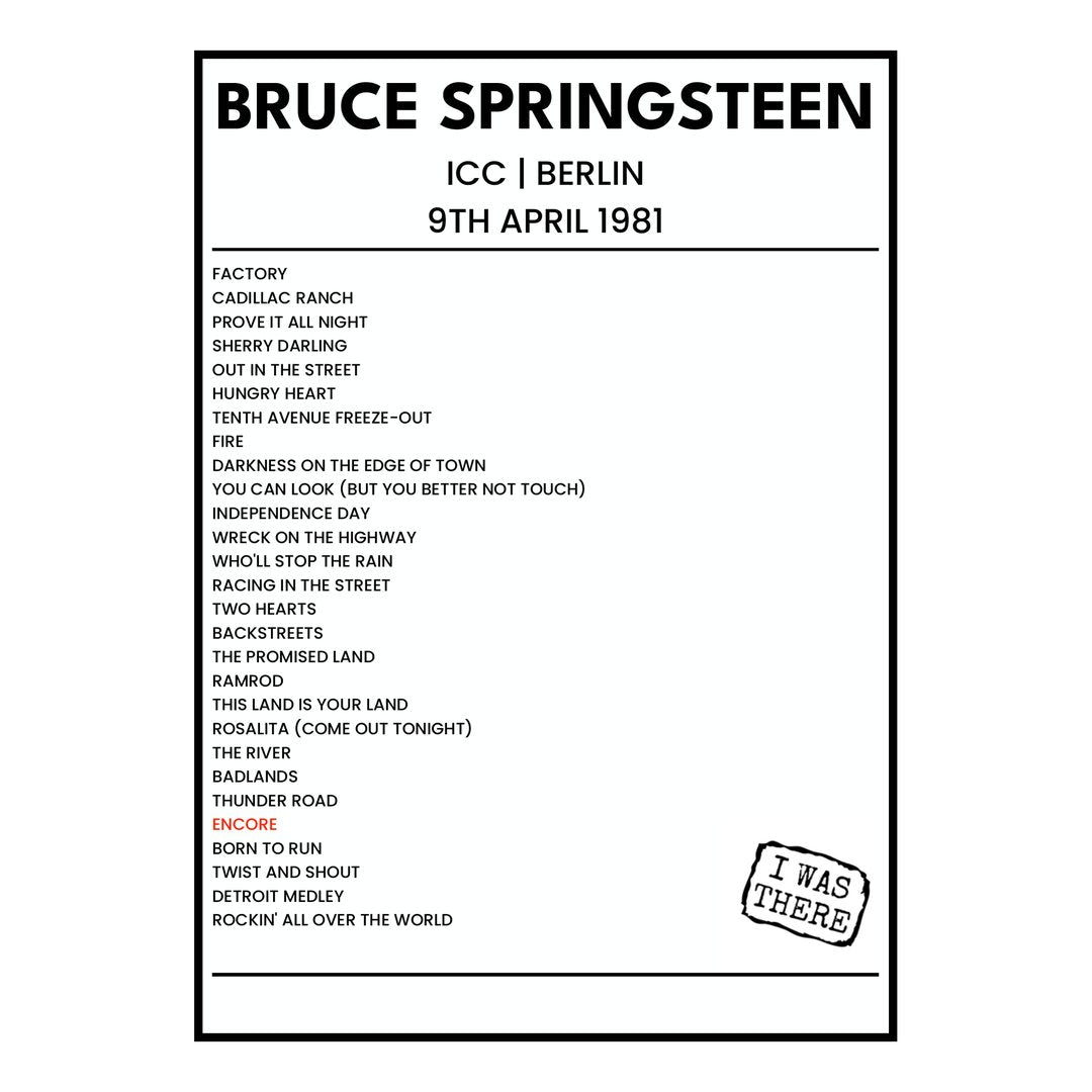 Bruce Springsteen Berlin 9th April 1981 Setlist poster