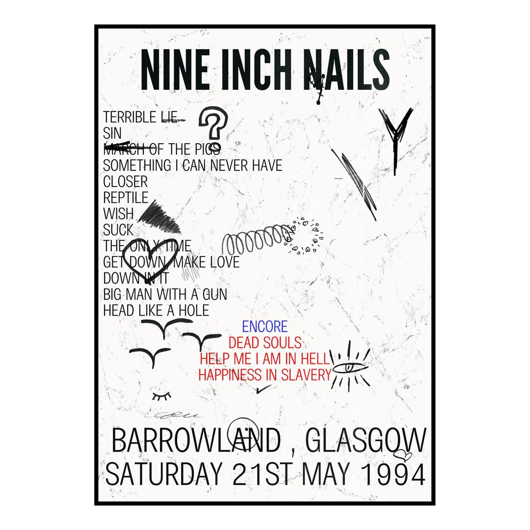 Nine Inch Nails Glasgow 21st May 1994 Setlist poster