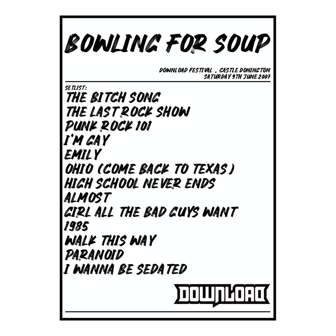 Bowling for Soup Castle Donington 9th June 2007 Setlist poster