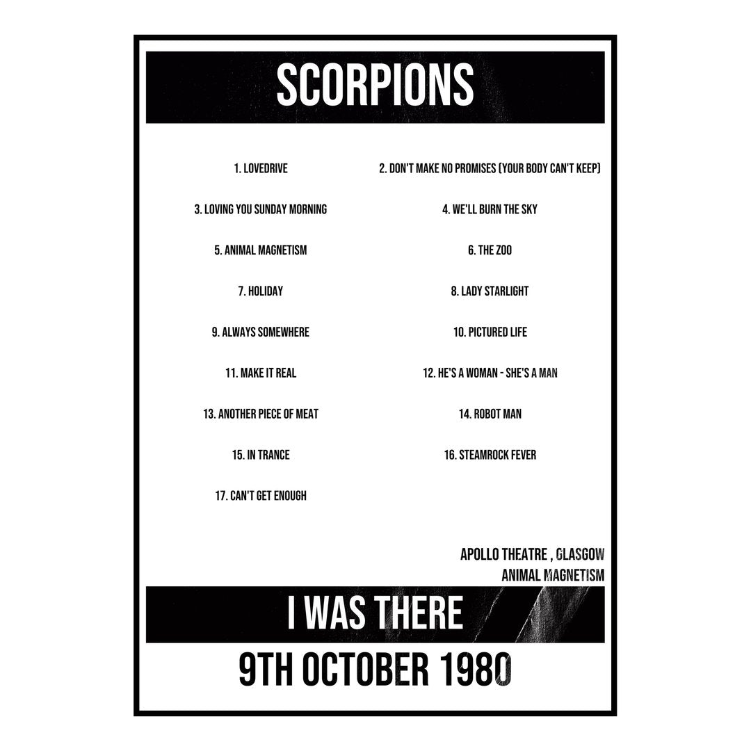Scorpions Glasgow 9th October 1980 Setlist poster