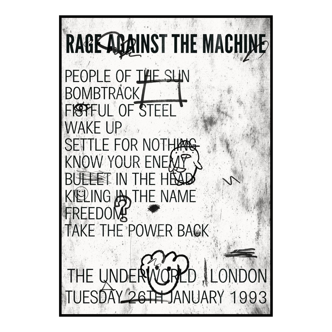 Rage Against the Machine London 26th January 1993 Setlist poster