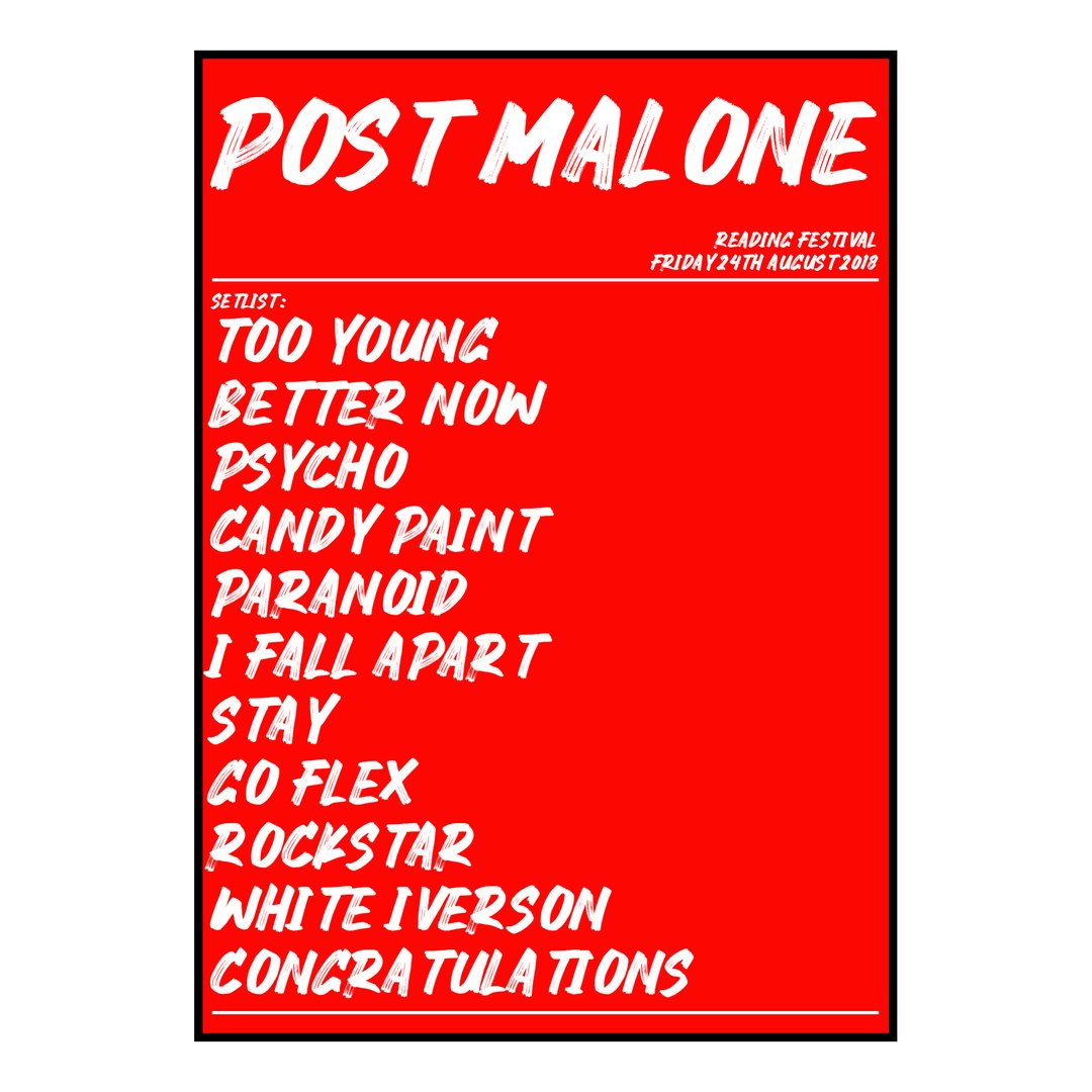 Post Malone Reading 24th August 2018 Setlist poster