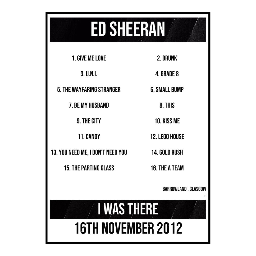 Ed Sheeran Glasgow 16th November 2012 Setlist poster