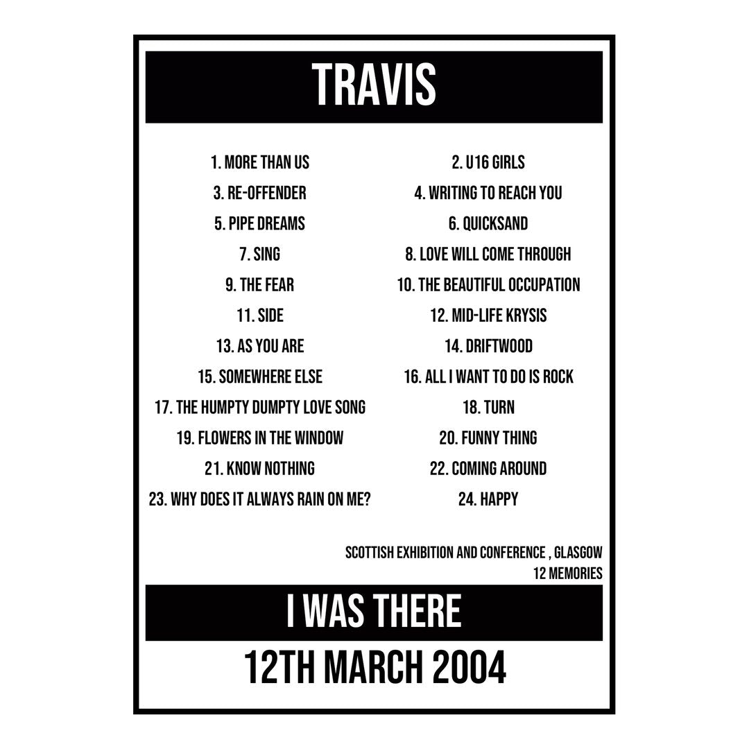 A Setlist Poster Featuring Travis Gig from Glasgow in 2004