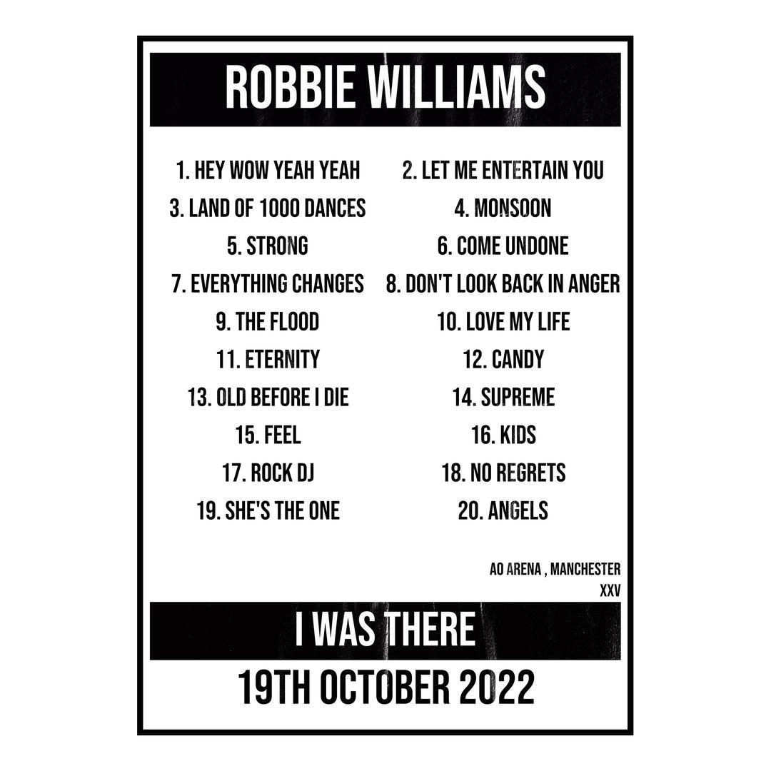 Robbie Williams Manchester 19th October 2022 Setlist poster
