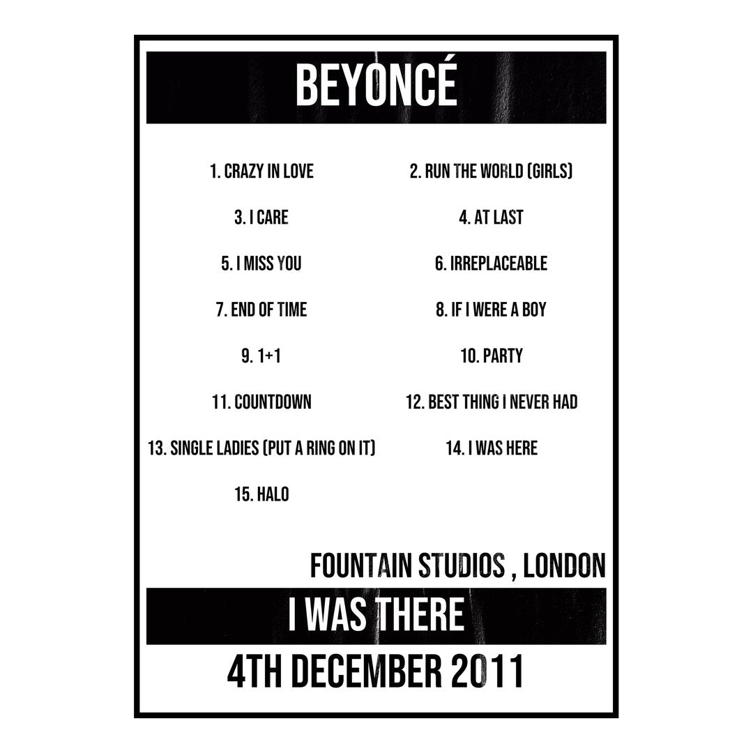 Beyoncé London 4th December 2011 Setlist poster