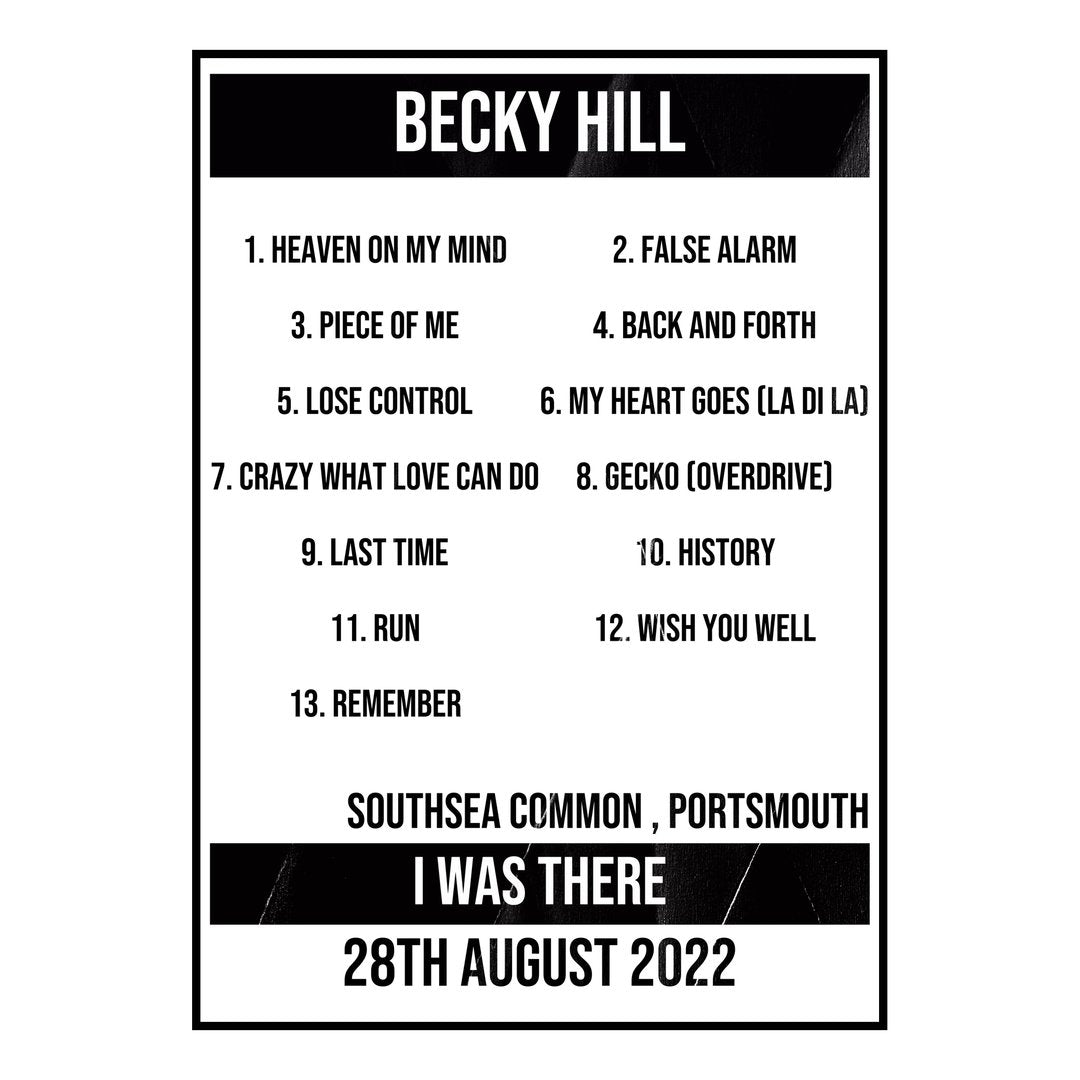 Becky Hill Portsmouth 28th August 2022 Setlist poster