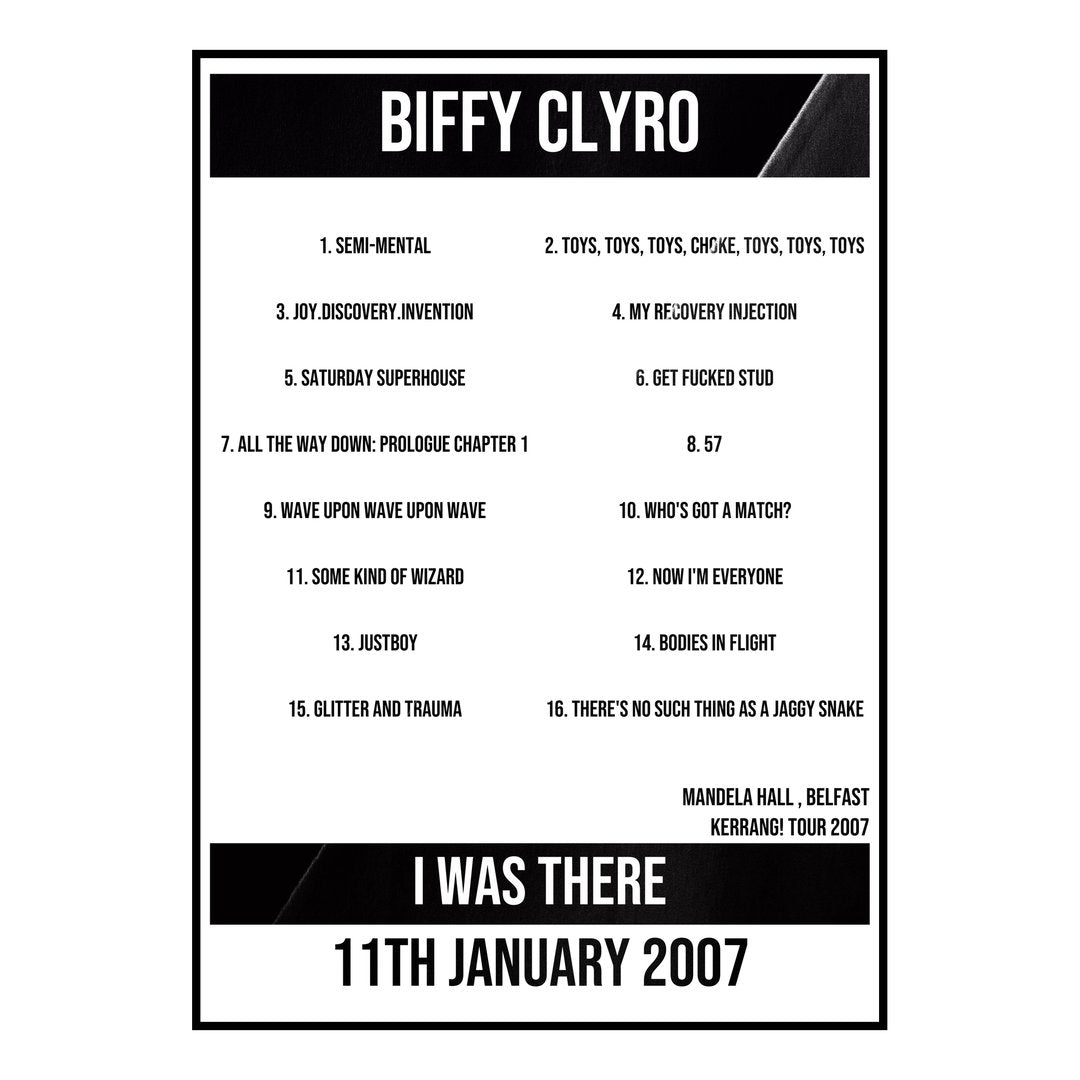 Biffy Clyro Belfast 11th January 2007 Setlist poster