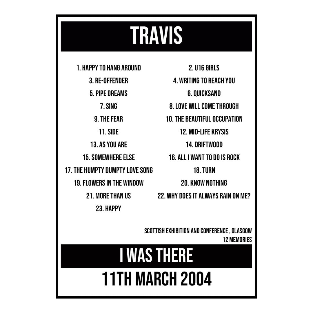 A Setlist Poster Featuring Travis Gig from Glasgow in 2004