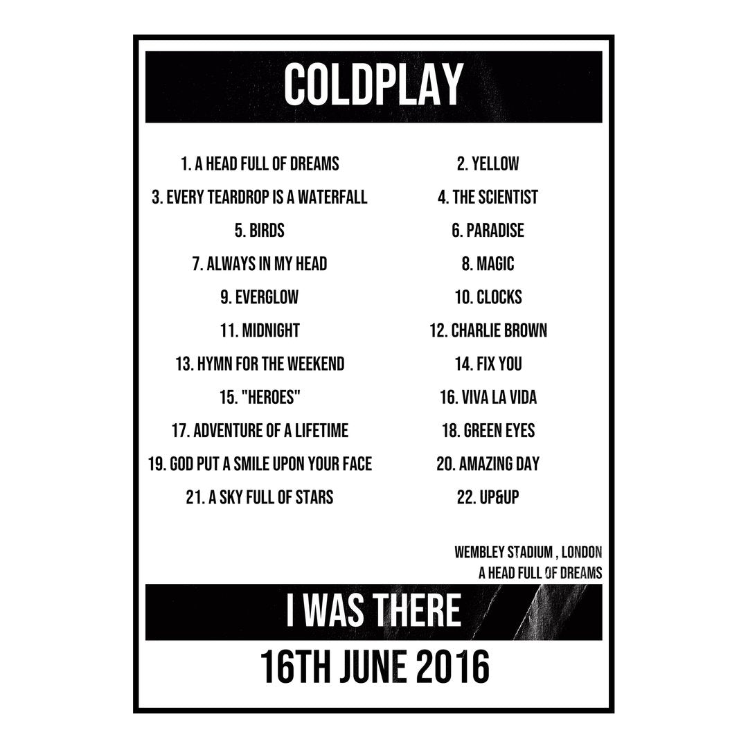 Coldplay London 16th June 2016 Setlist poster
